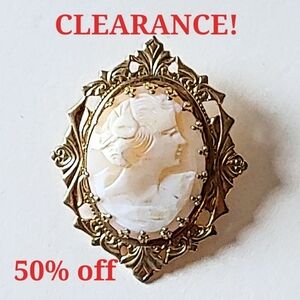 VINTAGE SHELL CAMEO PIN BROOCH - GOLDTONE ART DECO STYLE FRAME